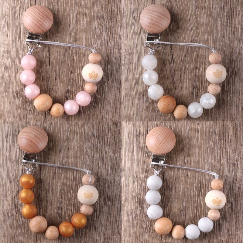 Silicone Bead Pacifier Clips Wooden Holder Newborn Soother Chains for Baby Girls