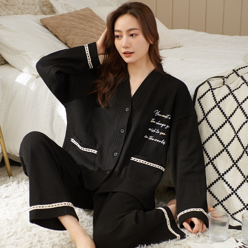 Autumn Winter Pajamas Sets For Women Sexy V-neck Black Cardigan 2 Piece Sleepwear Cotton Nightwear Large Size Women's Pyjam