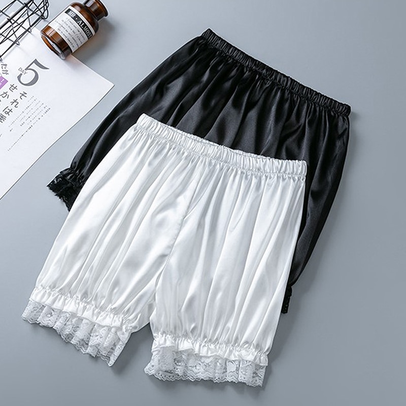 Women Imitation Silk Bloomers Ruffles Lace Trim Panties Victorian Pumpkin Shorts Solid Color Dance Dress Split Skirt Pettipants