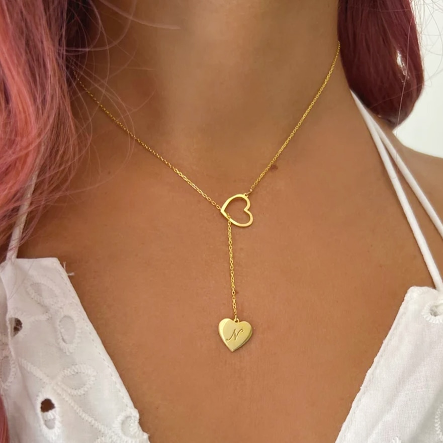 Personalized Custom Carving Letter Love Heart Pendant Necklace Gold Chain Stainless Steel Jewelry for Women Valentine's Day