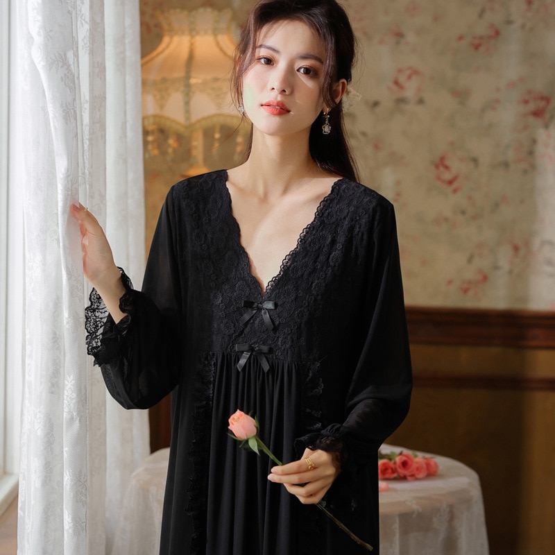 Long Sleeve Mesh Nightdress Women Spring Court Style Lace Princess Pajama Loose Large Size V-neck Loungewear Sexy Nightgowns