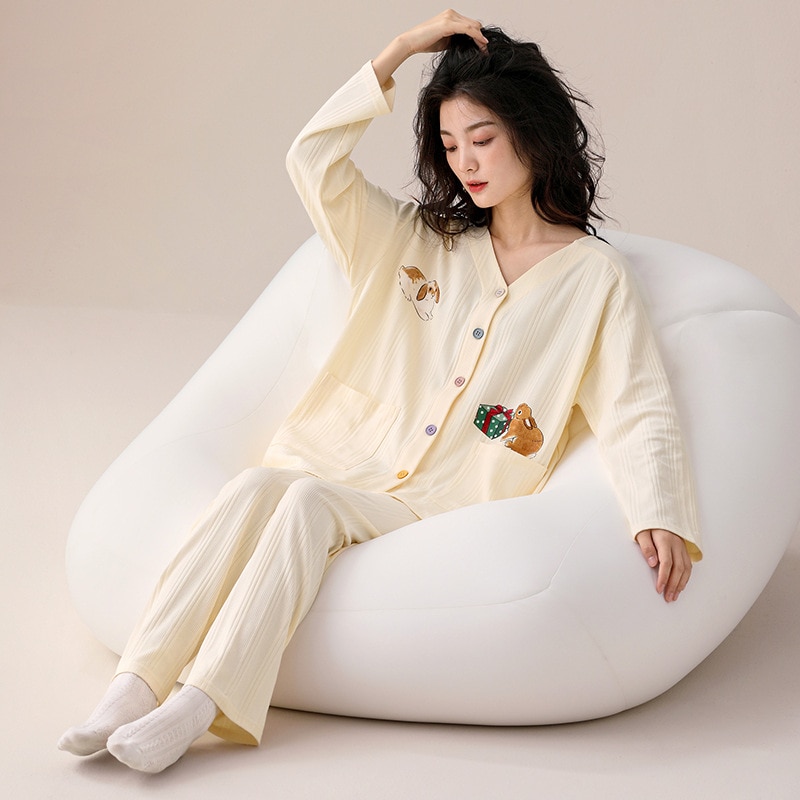 100% Cotton Soft Pajamas for Women Sexy V Neck Sleepwear for Sleeping Lovely Cartoon Rabbit Print Loungewear Set pyjama femme
