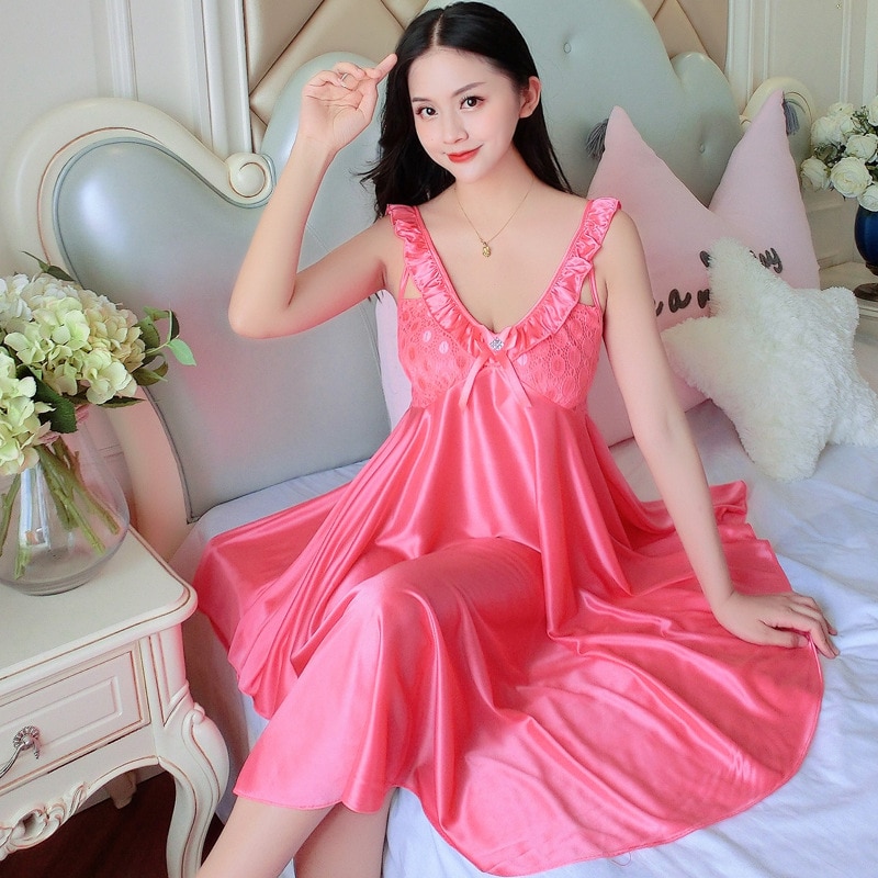 Women Sweet Silk Sleepwear Lingerie Sleepdress Gown Sexy Nightwear Bathrobe Night Dress Casual Plus Size Loungewear Nightgown