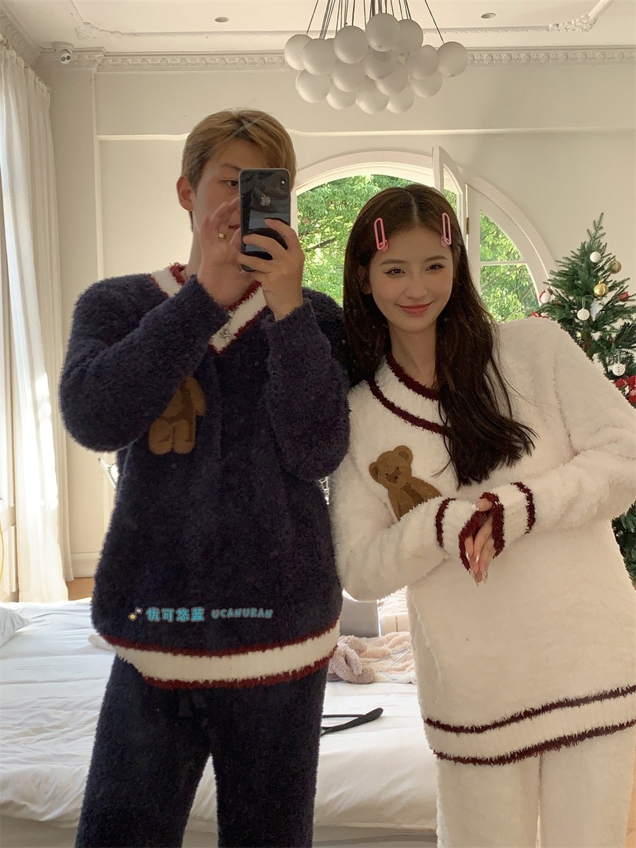 Japan Style Winter Thick Sweaters Christmas Bear V Collar Pajamas Home Wear Pique Couples Lounge Wear