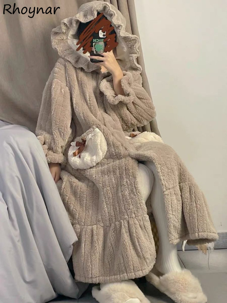 Winter Nightgowns Women Baggy Thicken Cozy Warm Kawaii Clothes Girlish Hooded Sleepwear Sweet Home Designer Pockets Long Sleeve