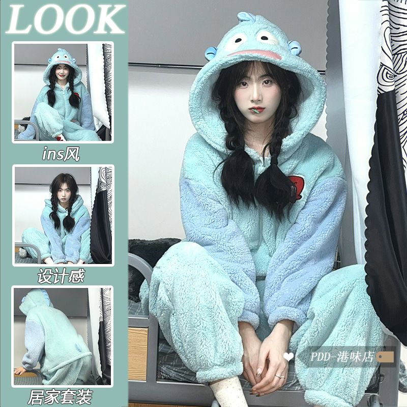 Han edition cute cartoon hooded coral fleece pajamas women autumn/winter 2022 thickening warm home pay jumpsuits pigiama donna