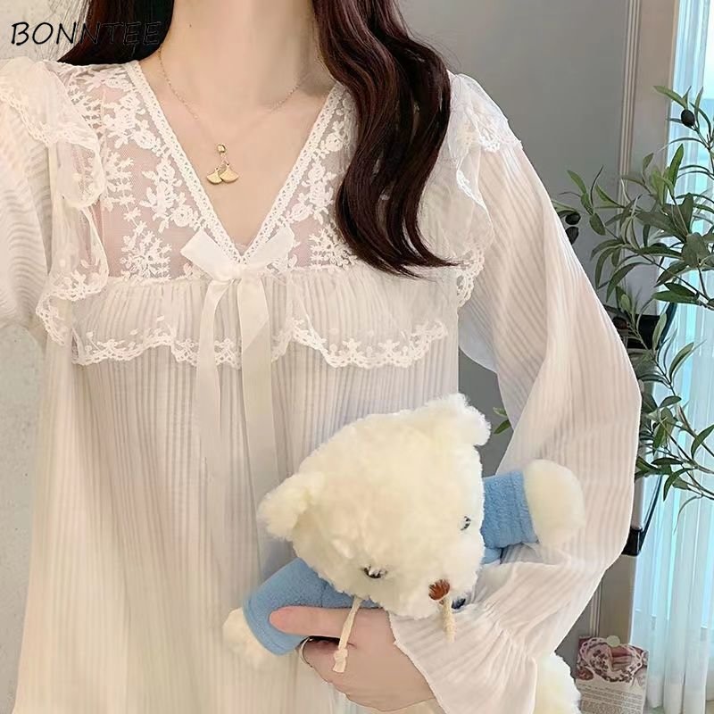 New Spring Loose Pajama Sets Women Elegant Leisure Simple Bow Sweet Ruffled Lace Design Ladies Sleepwear Simple Home Lounge Chic