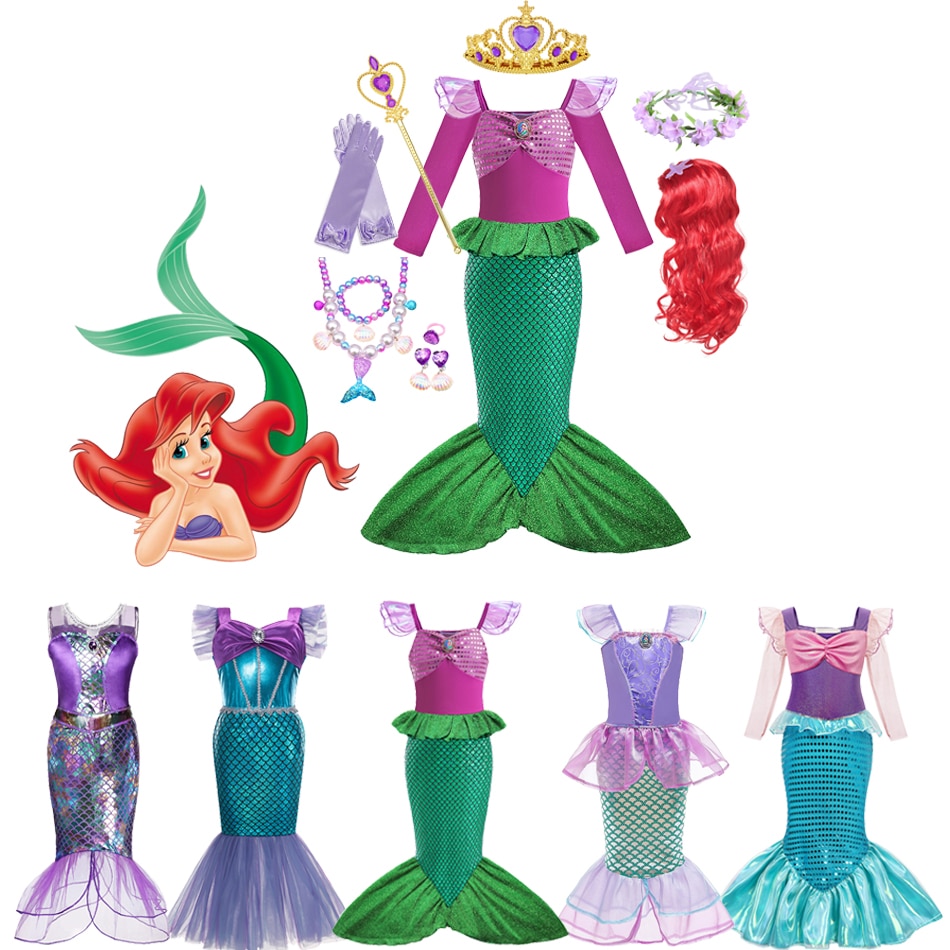 Disney Princess Little Mermaid Ariel Dresses For Baby Girls Birthday Party Carnival Kids Cosplay Mermaid Costumes Prom Clothing