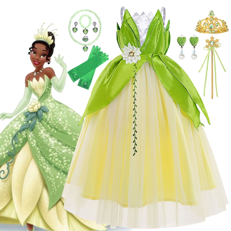 Disney The Princess and the Frog Cosplay Costume for Girls Fancy Tiana Princess Dress Carnival Purim Party Kids Frock Clothing