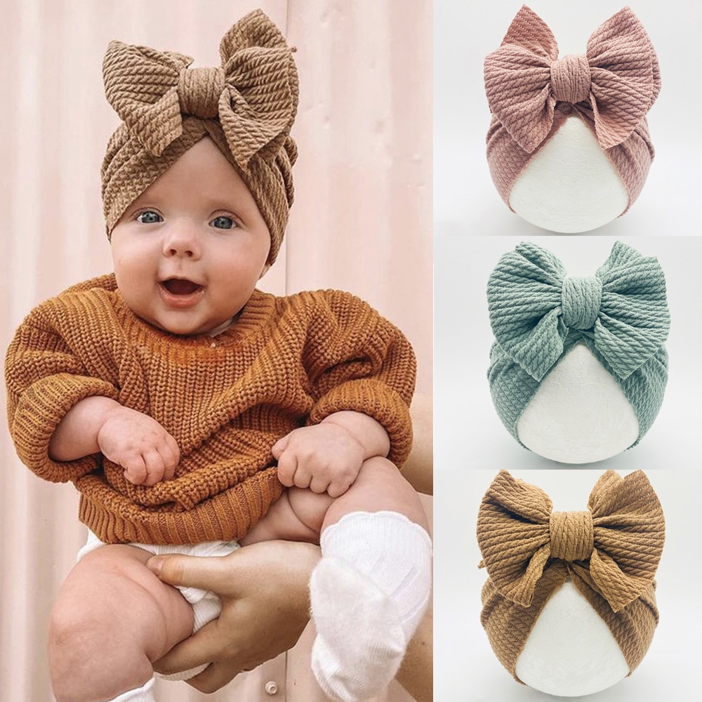 Baby Turban Solid Color Bowknot Newborn Hats Soft Cotton Bonnet Kids Beanie Cap Infant Girl Headband Head Wrap Accessories