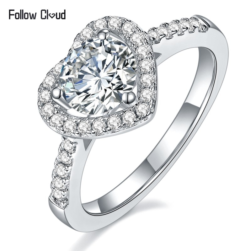 Follow Cloud 1CT Heart Cut Moissanite Diamond Halo Rings 925 Sterling Silver Platinum Plated Wedding Band Promise Ring for Women