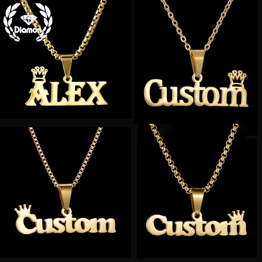 Diamon Personalized Name Crown Necklace for Women Stainless Steel Customized Nameplate Detachable Pendant Chain Jewelry Gift