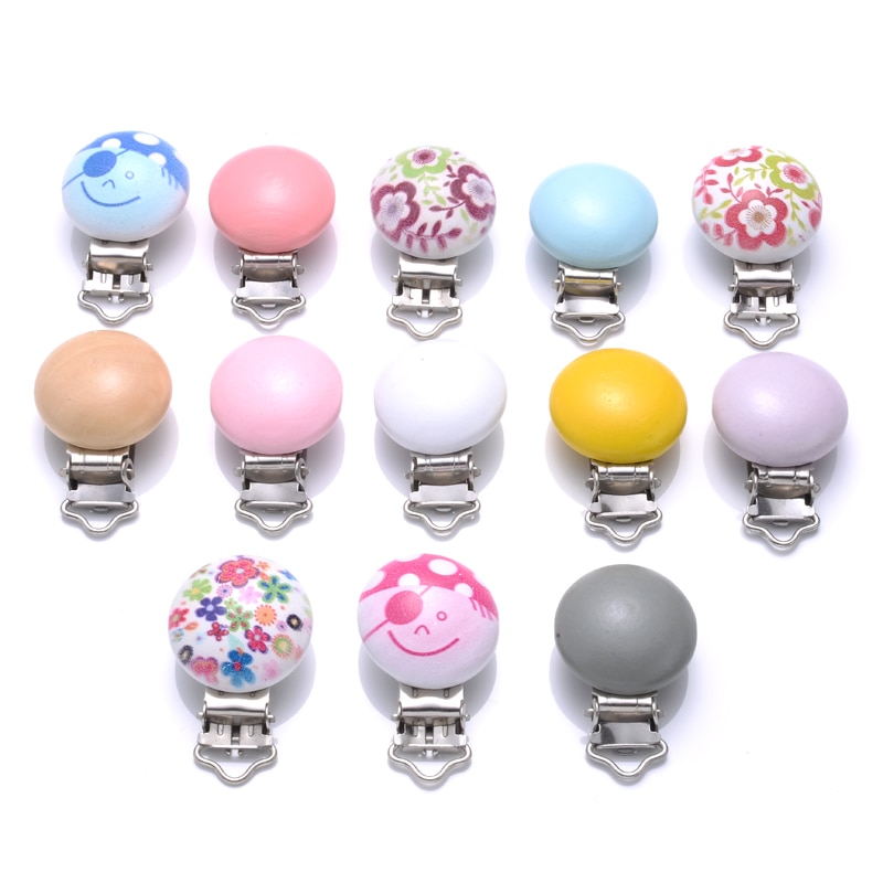 5Pcs/Lot 30mm Colorful Printing Wooden Pacifier Clips Round Wood Metal Holders for Baby DIY Pacifier Chain Soother Clasps