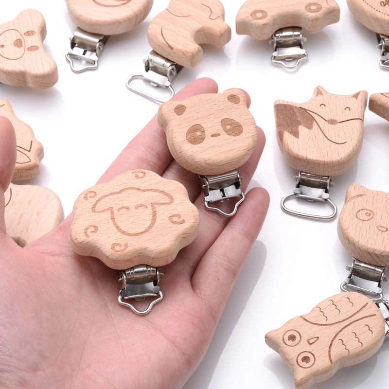 10pc Cartoon Animal Pacifier Clip Wooden Soother Clip For Nursing Chew Accessory DIY Dummy Clip Chains Wooden Baby Teether Toys