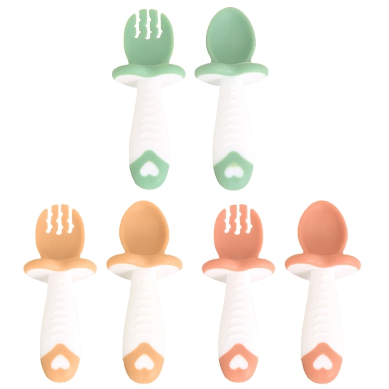 57EE 2pcs/set First Self Feeding Utensils Baby Soft Fork Spoon Infant Mini Tableware Set for Babies Toddlers Over 6 Months