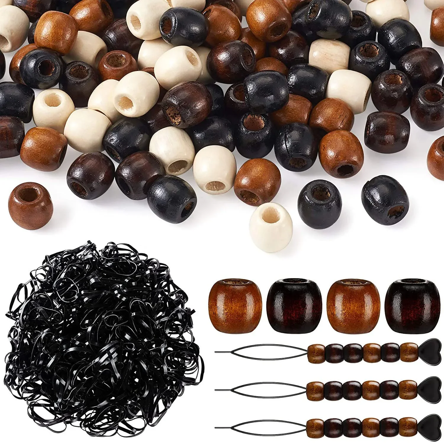 100Pcs 12mm Coffee Colors Wooden Dreadlock Hair Beads Send 100pcs Rubber Band 1pcs Tools with 5mm