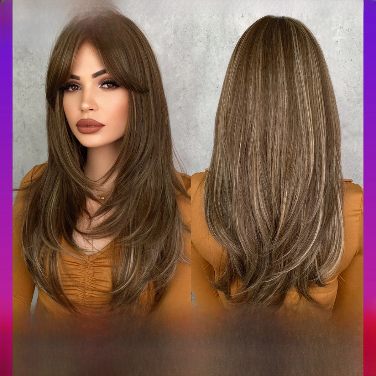7JHH WIGS Honey Blonde Wig with Bangs Long Brown Wigs for Women,Layered Heat Resistant Synthetic