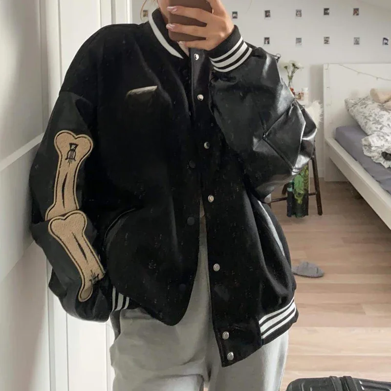 Varsity Baseball Bomber Jacket Women Hip Hop Harajuku Bone Letter Patchwork Leather Jackets