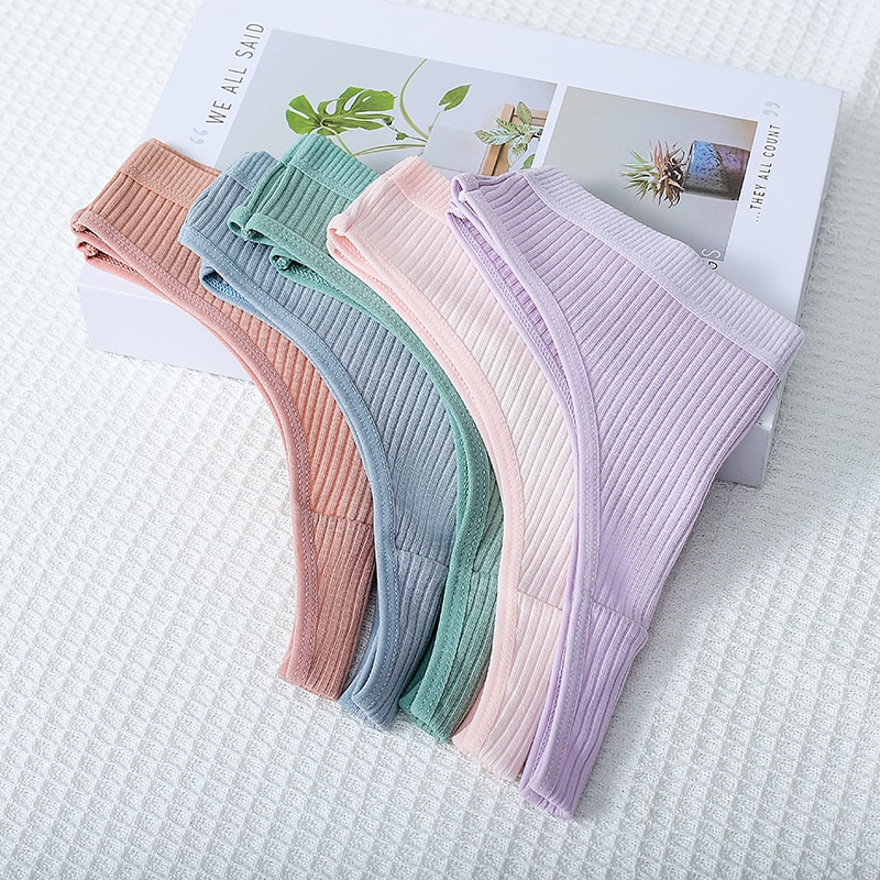 Women's Panties Seamless Ribbed Thongs Low Waist Underpants Comfortable Cotton G-strings Solid Color Underwear Female Linge