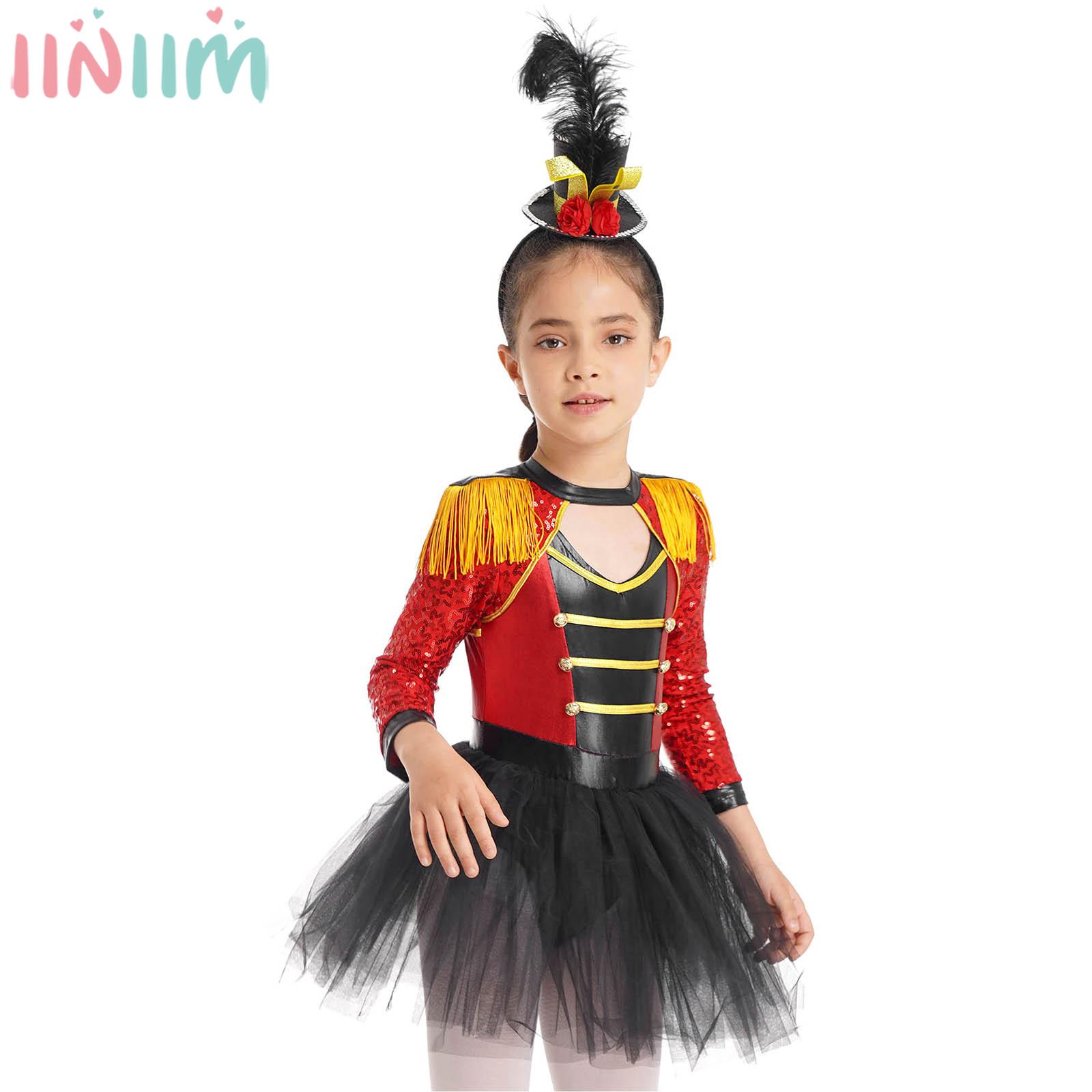 Teens Girls Halloween Magician Circus Cosplay Costume Carnival Theme Party Roleplay Clothes Long Sleeve Tutu Dress with Mini Top