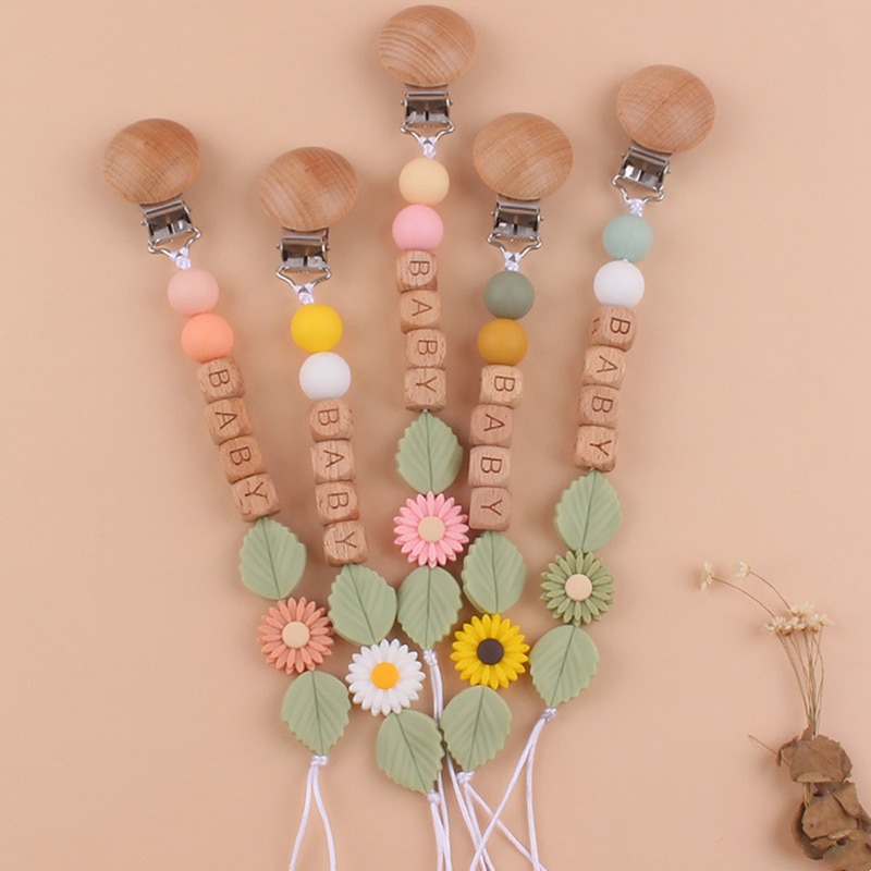Personalized Name Baby Bead Wooden Pacifier Clip Chain Beech Daisy Nursing Holder Dummy Chewable Teething Shower Gift
