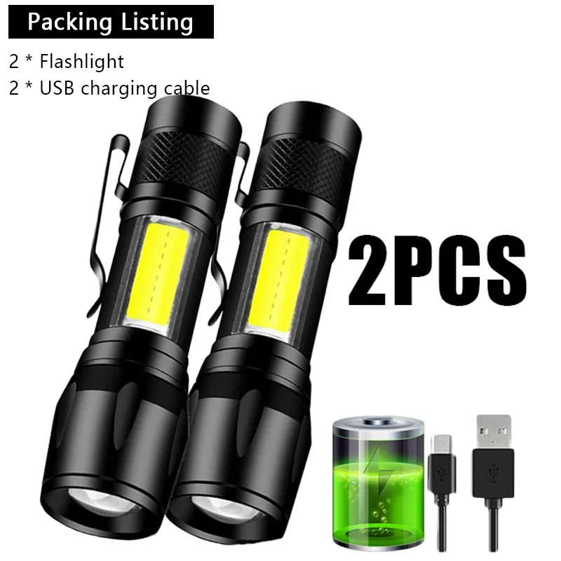 Mini Rechargeable LED Flashlight COB+XPE Portable Torch Camping Lantern Zoomable Focus Light