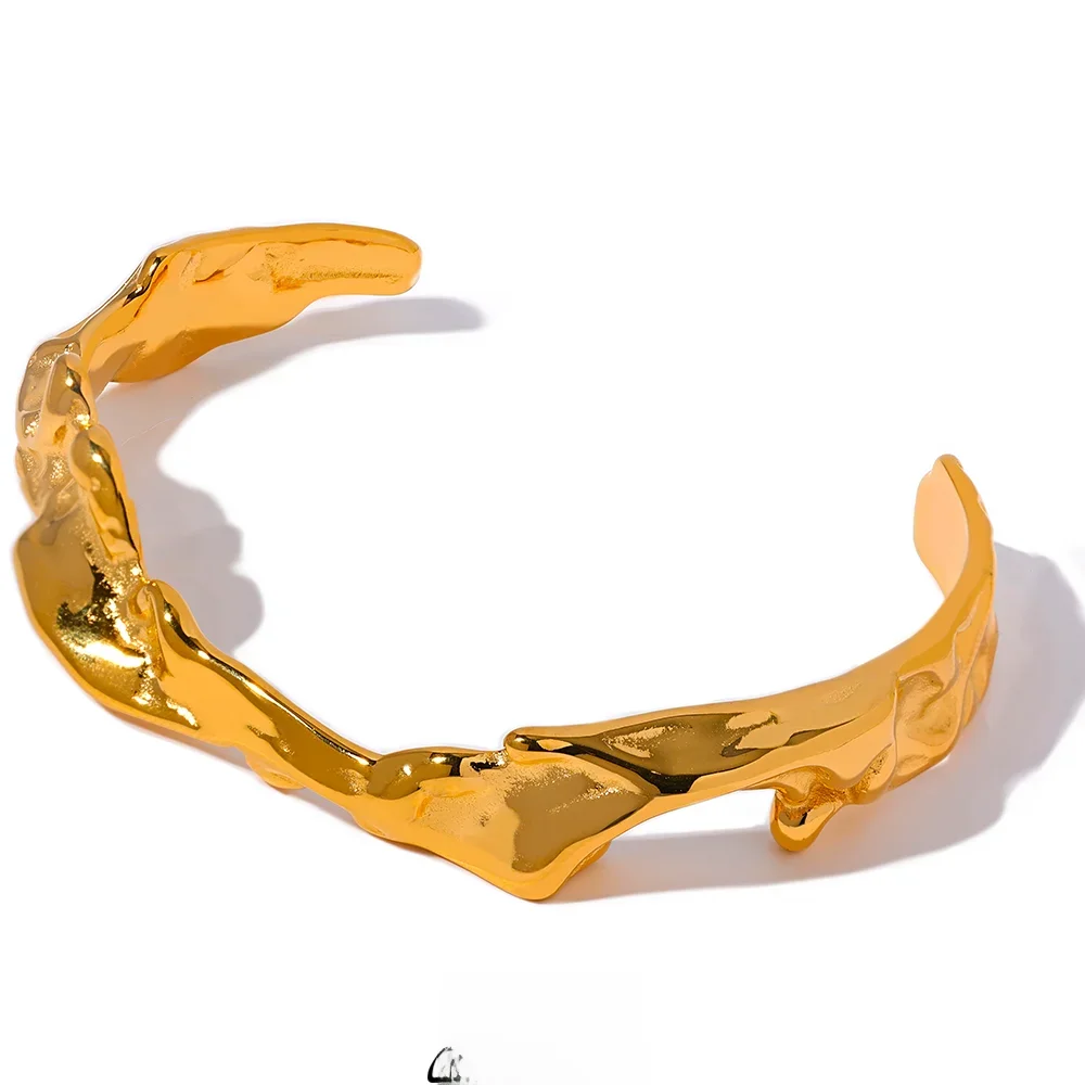 Yhpup Waterproof 18K Gold Color Stainless Steel Irregular Geometric Open Cuff Bracelet Bangle