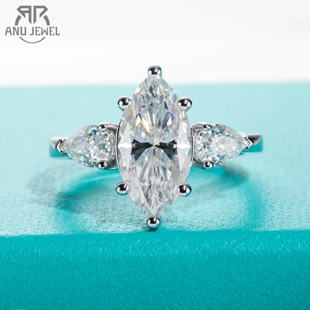 AnuJewel 4cttw Marquise Cut D Color Moissanite Diamond Engagement 925 Sterling Silver Rings For