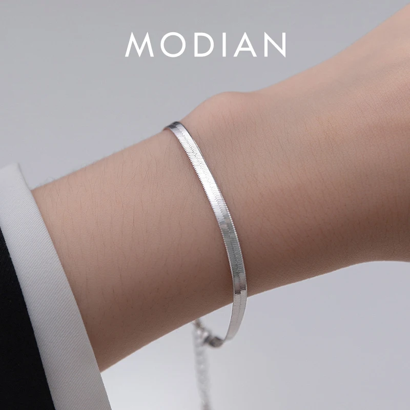 Modian 925 Sterling Silver Sparkling Snake Chain Bracelet Classic Simple Adjustable Bracelets For