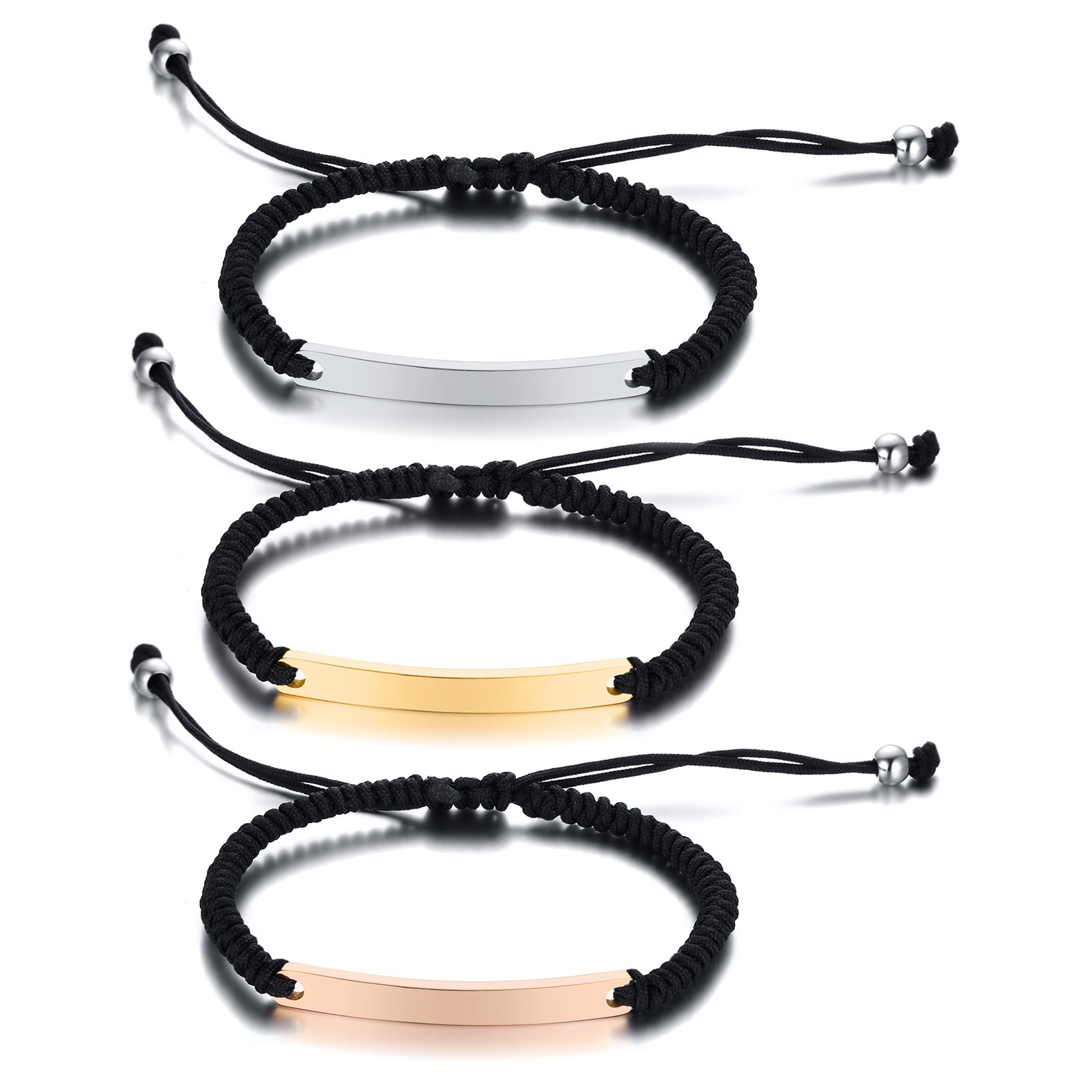 Custom ID Bar Braided String Bracelet for Women, Adjustable Rope Bracelet Personalized Nameplate Stainless Steel Jewelry