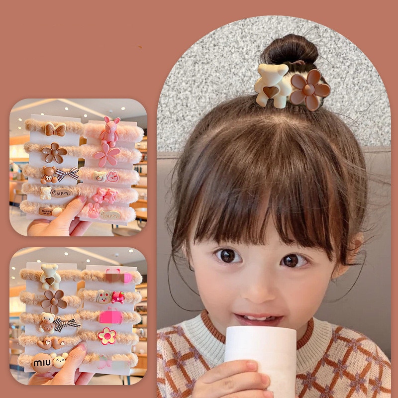 5pcs Kids Girl Hair Band Autumn Winter Plush Hair Rope for Children Girl Fashion Kawaii Cartoon Animal Headwear Hair Accessories