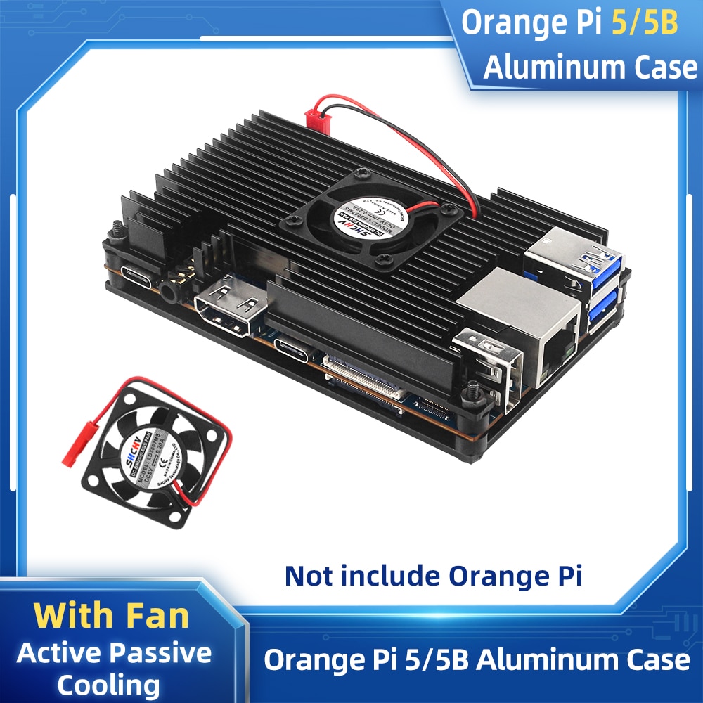 Orange Pi 5 Aluminum Case with Fan Active Passive Cooling Radiator with Heatsink Black Metal Shell for Orange Pi 5 / 5B