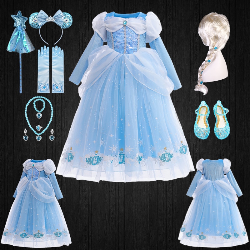 2023 Fantasia Girl Christmas Snow Queen Puff Sleeve Disguised Elsa Princess Dress Halloween Children Long Tulle Party Ball Gown