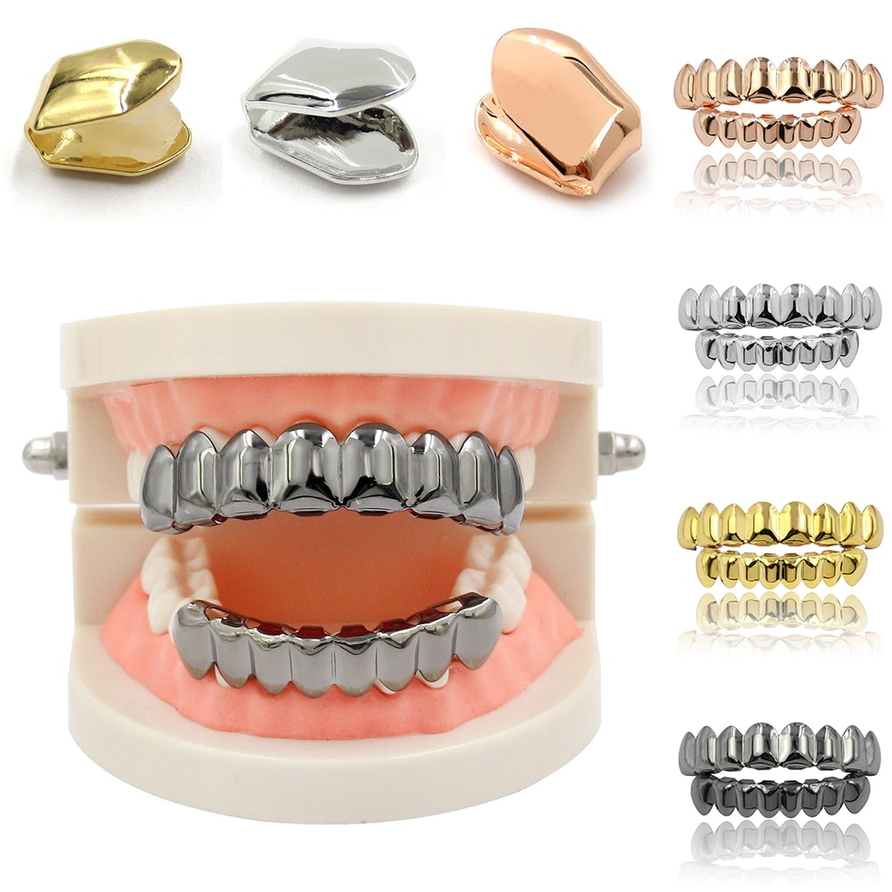 Gold Black Silver Hip Hop Teeth Grillz Cap Set Top Bottom Dental Grill Teeth Caps Removable Rapper Dental Fashion Jewelry