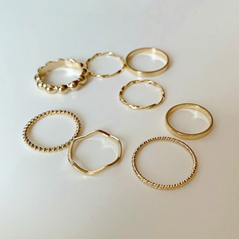 8PCS/Set Bohemian Wave Hollow Finger Ring Gold Color Geometric Knuckle Joint Rings Set For Women Charm Jewelry Gift
