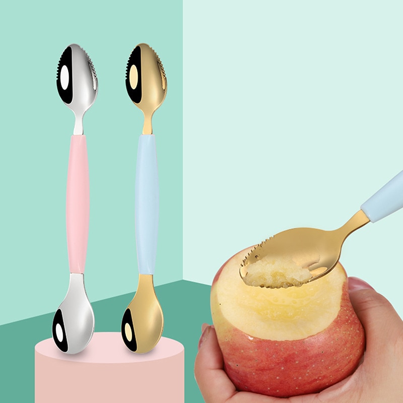 Children Feeding Mud Scraper Stainless Steel Double-headed Mud Scraper Baby Fruit Food Spoon Multifunctional Fruit Puree Spoon