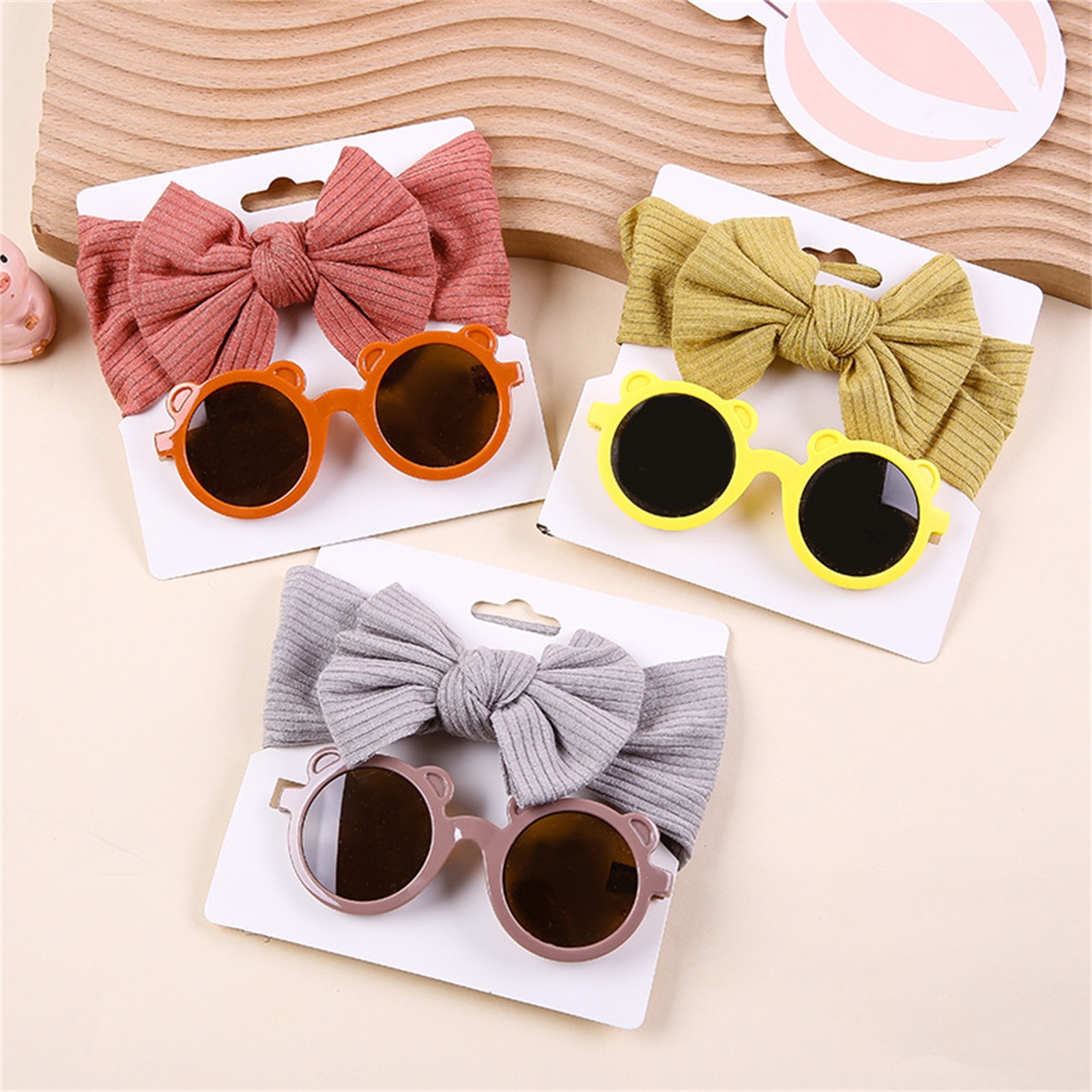 Newborn Infant Baby Headwear Kids Girls Boys Lovely Cartoon Bear Ears Round Frame Anti-UV Sunglasses with Headband Set