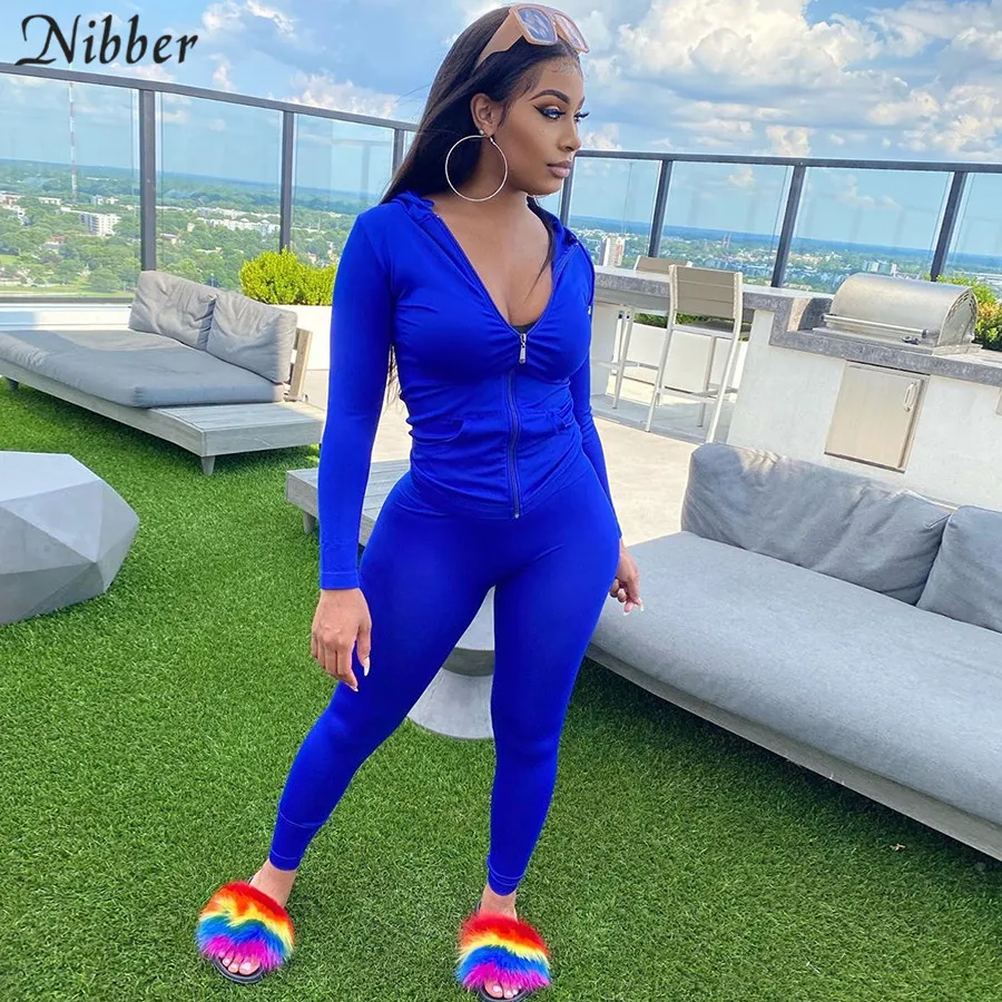 Nibber Sporty Casual Long Sleeve Hooded Zipper Solid two pieces set women Autumn Workout Skinny Top