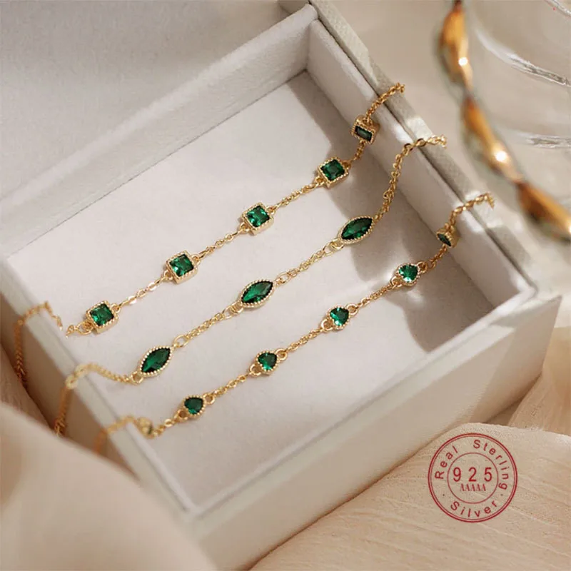 Emerald Zircon Bracelet Women 925 Sterling Silver Plated 14K Gold Luxury Elegant French Mother's