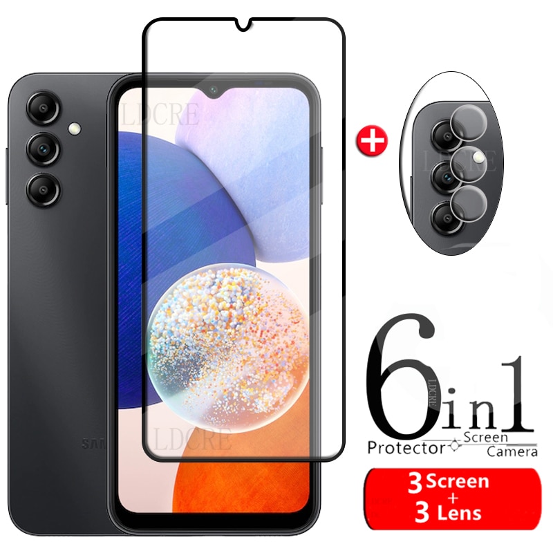 6-in-1 For Samsung A14 Glass For Samsung A14 Glass 9H HD Full Glue Cover Screen Protector For Samsung Galaxy A 14 A14 Lens Glass