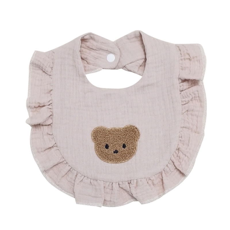 Cartoon Bear Embroidery Infant Baby Cotton Drool Bibs with Button Ruffled Toddler Feeding Apron Saliva Towel Burp Cloth