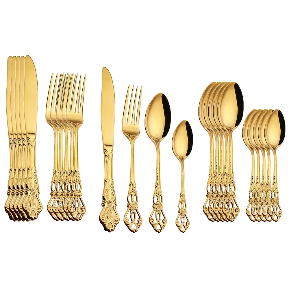 24pcs Cutlery Set Gold Dinnerware Stainless Steel Royal Spoon Forks Knives Kitchen Western Dinner