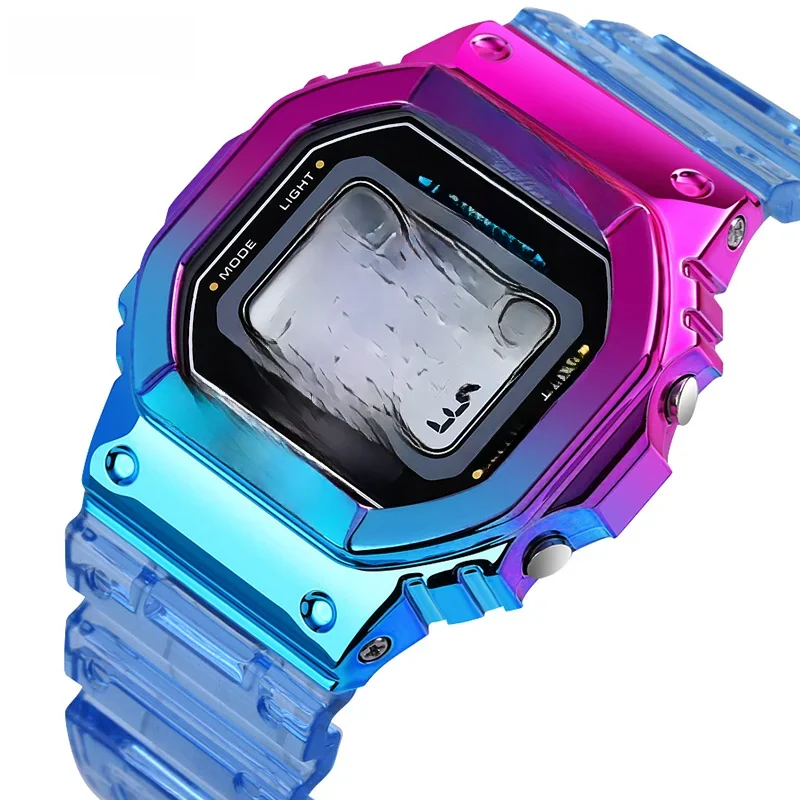 SKMEI Fashion Cool Girls Watches Electroplated Case Transparent Strap Lady Women Digital Wristwatch