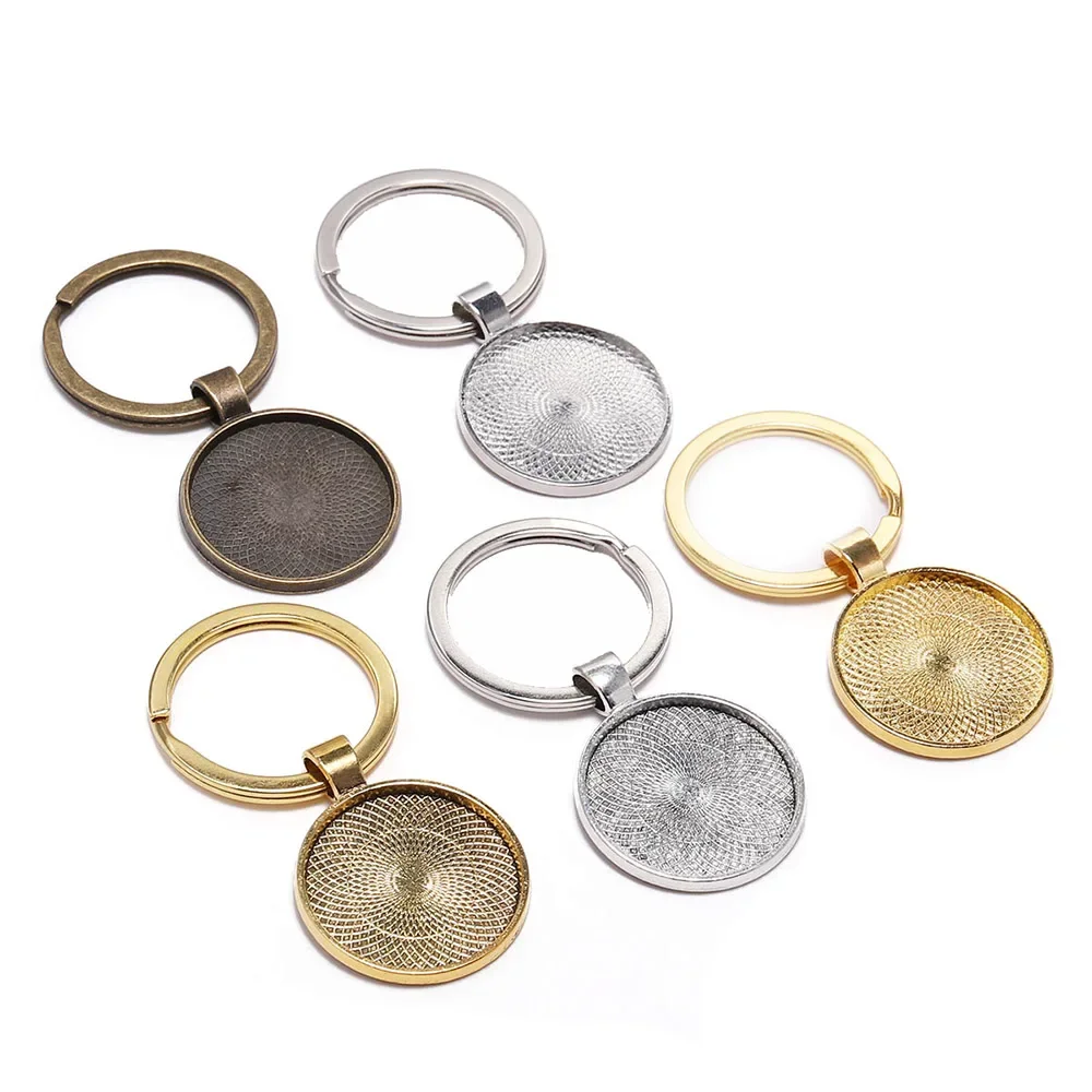 5pcs/lot Keychain With Pendant Bezel Blank Fit 25mm Cameo Glass Cabochon Base Setting DIY Keychain