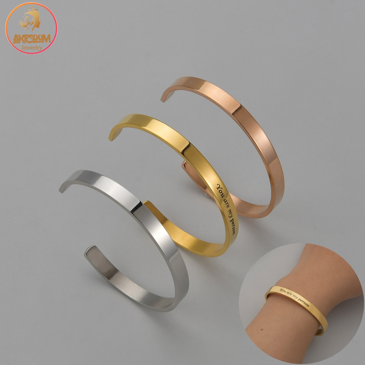 Akizoom Custom Engrave Name Bracelets Personalized Open Size Adjustable for Women Bangles Stainless Steel Jewelry Birthday Gift