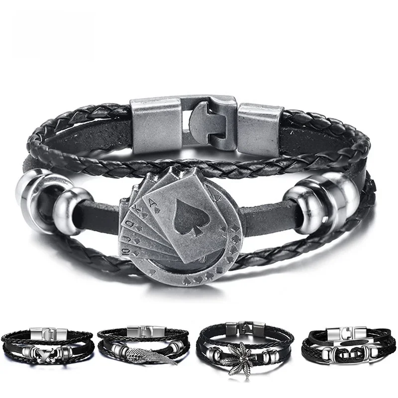 Vnox Lucky Vintage Men's Leather Bracelet Playing Cards Raja Vegas Charm Multilayer Braided Women