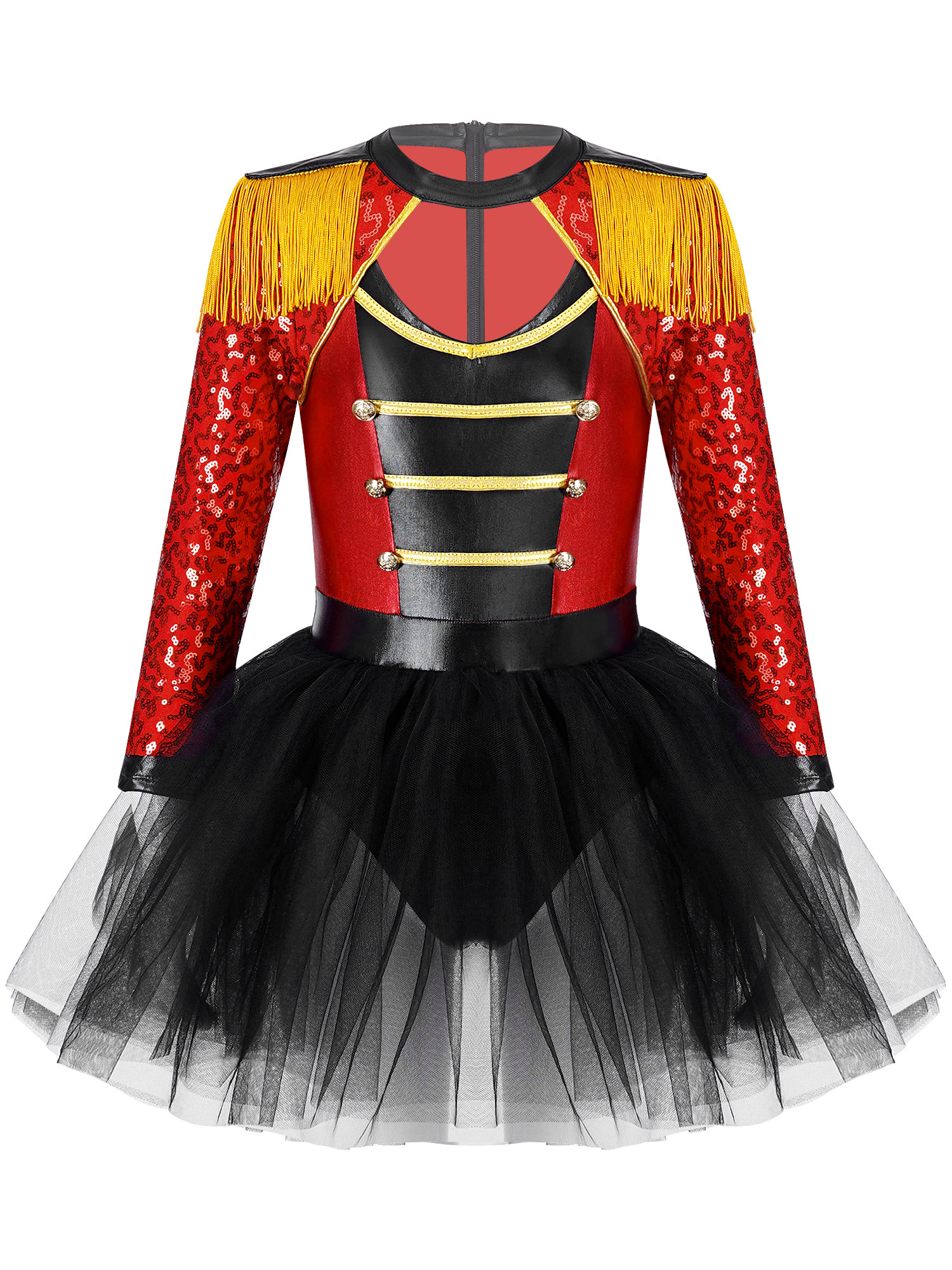 Kids Girls Magician Circus Dress Up Costumes Carnivals Long Sleeve Sequin Tassel Epaulet Tutu Skirt Built-in Brief Stage Garment