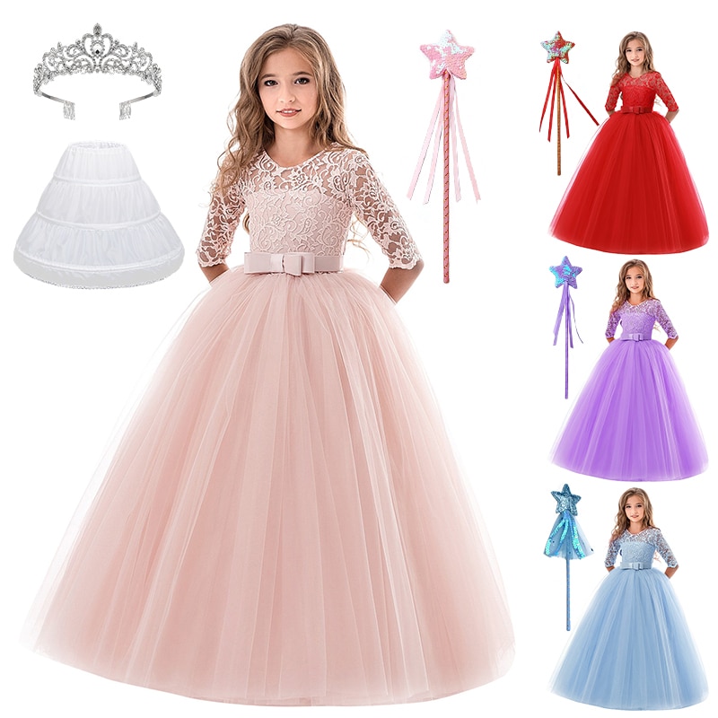 Formal Children's Bridesmaid Wedding Occasion Lace Hollow Flower Princess Party Dresses for Girls Tulle Graduation Ceremony
