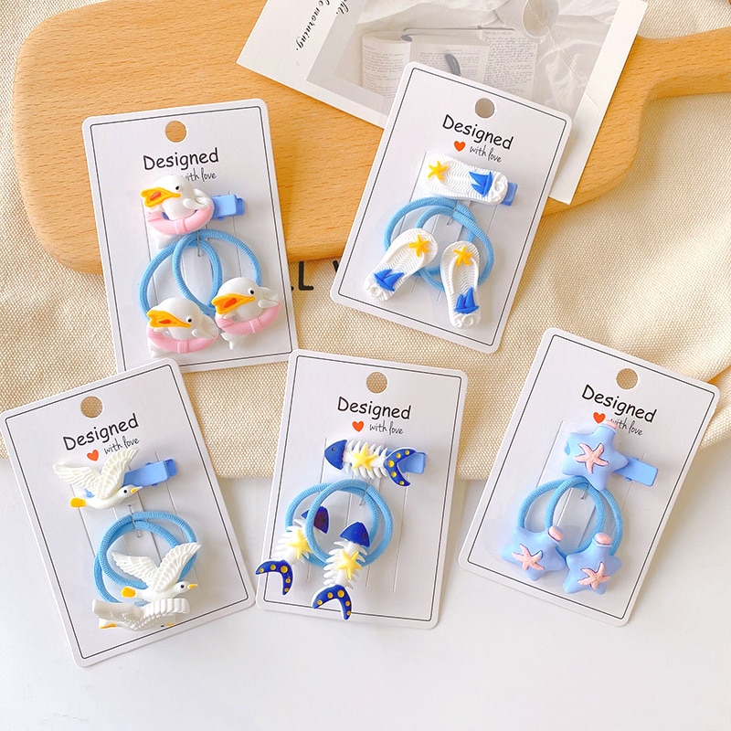 3pcs Kids Elastic Hair Bands Hair Pin Set Marine Organism Hairpins Cartoon Headwear for Girls Children Hair Accessories