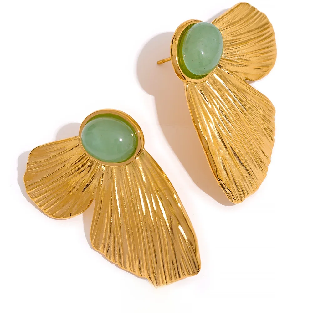 Yhpup Green Natural Stone Stainless Steel Butterfly Wing Stud Earrings Fashion Trendy Statement